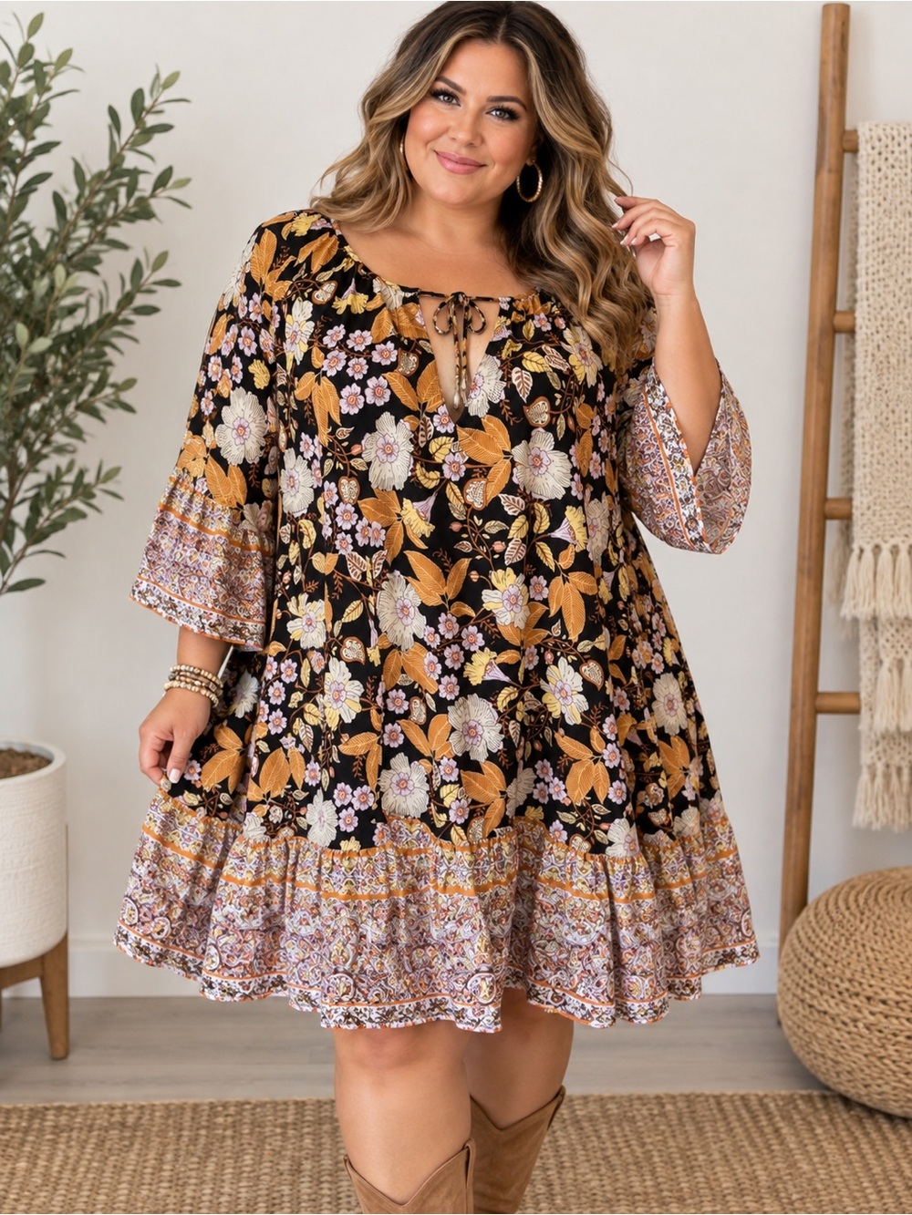 Aveology Black Floral Boho Paisley Bell Sleeve Dress